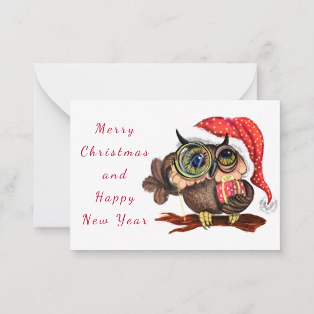 Tarjeta de navidad con Bebé Lechuza con Regalo (Reverso)