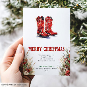 Tarjeta de Navidad con botas de vaquero rojas al e