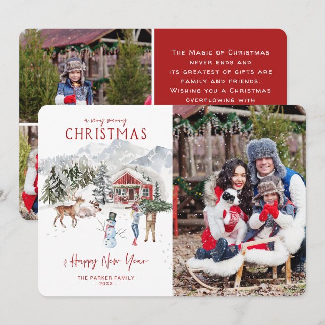 Tarjeta de Navidad con Cabaña de Acuarela (Anverso / Reverso)