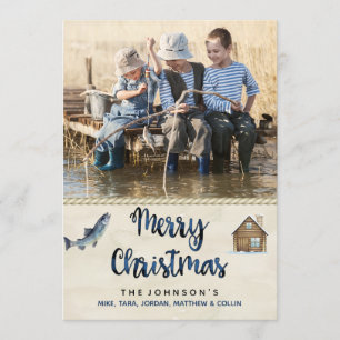 Tarjeta de Navidad con cabaña de pesca en el lago