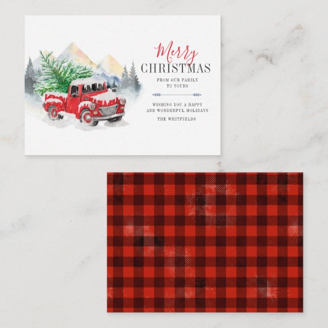 Tarjeta de Navidad con Camioneta Roja a Cuadros Rú (Anverso / Reverso)