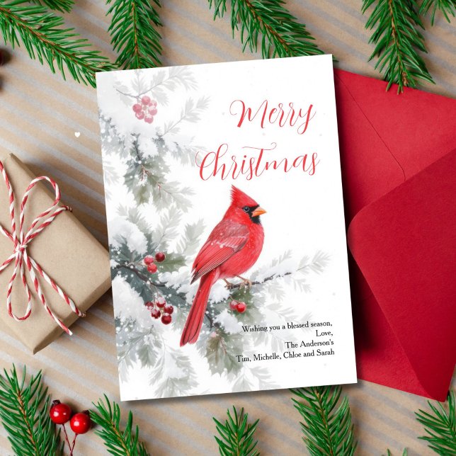Tarjeta de Navidad con cardenal rojo de invierno (Snowy Winter Tree Branch Red Cardinal Christmas Holiday Greeting Card. Printed or Digital)