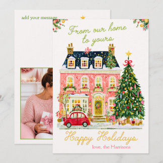Tarjeta de Navidad con Casa Adosada en Acuarela Ro