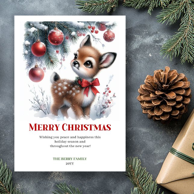 Tarjeta de Navidad con ciervo bebé editable en acu (Editable Baby Deer Snowy Forest Watercolor Christmas Card

)
