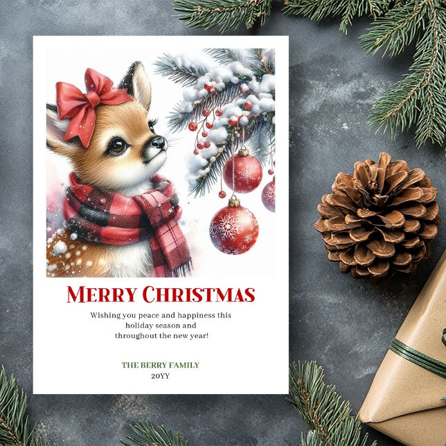 Tarjeta de Navidad con ciervo bebé editable en acu (Editable Baby Deer Snowy Forest Watercolor Christmas Card

)