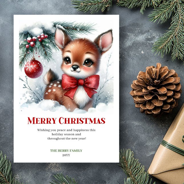 Tarjeta de Navidad con ciervo bebé minimalista en  (Minimalist Baby Deer Snowy Forest Watercolor Christmas Greeting Card

)