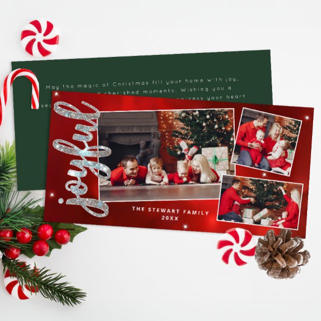 Tarjeta de Navidad con Collage de 3 Fotos con Letr (Joyful Red & Green Christmas Card)