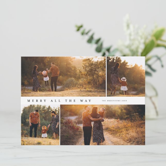 Tarjeta de Navidad con collage de 4 fotos 'Merry A (Anverso de pie)