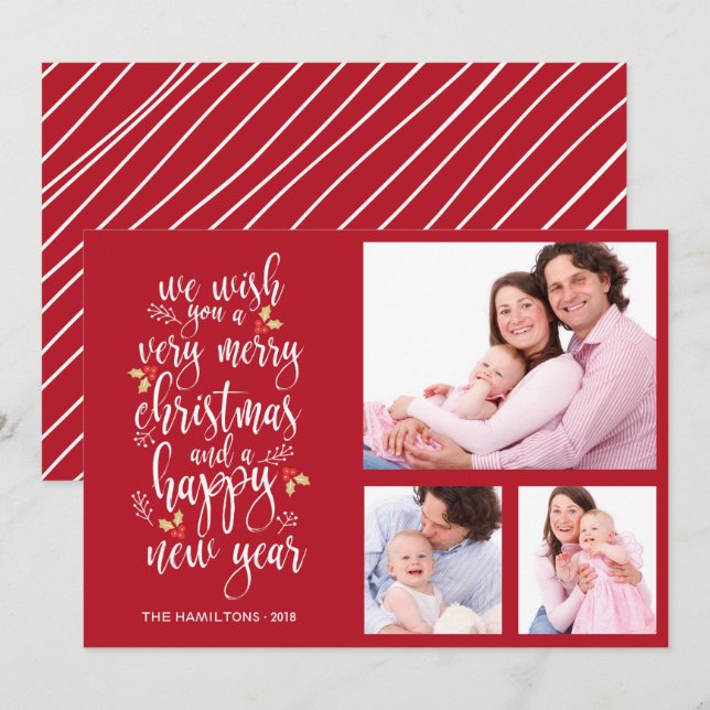 Tarjeta de Navidad con Collage de Fotos 3 Fotos (Anverso / Reverso)