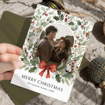 Tarjeta de Navidad con Corona de Acuarela y Foto