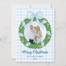 Tarjeta de Navidad con corona de lazo azul