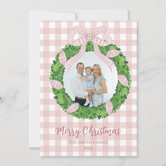 Tarjeta de Navidad con corona de lazo rosa (Anverso)