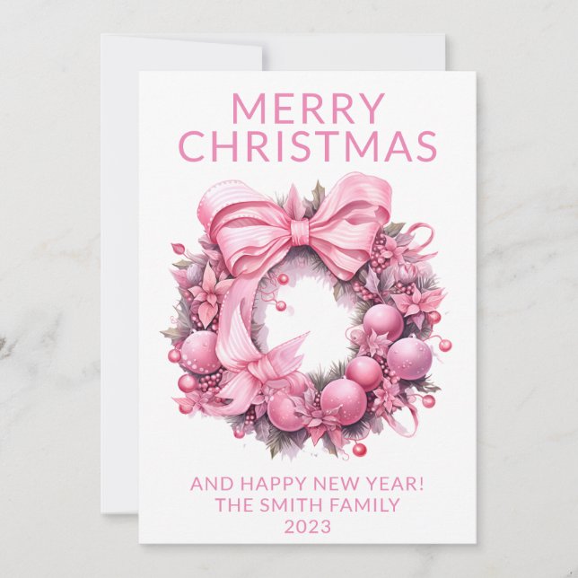 Tarjeta de Navidad con corona rosa (Anverso)