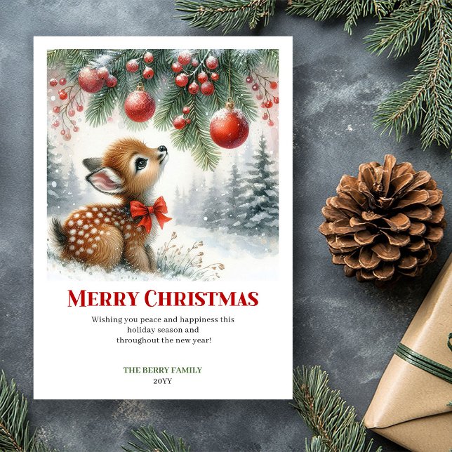Tarjeta de Navidad con cría de corzo editable en a (Editable Baby Fawn Snowy Forest Watercolor Christmas Card

)