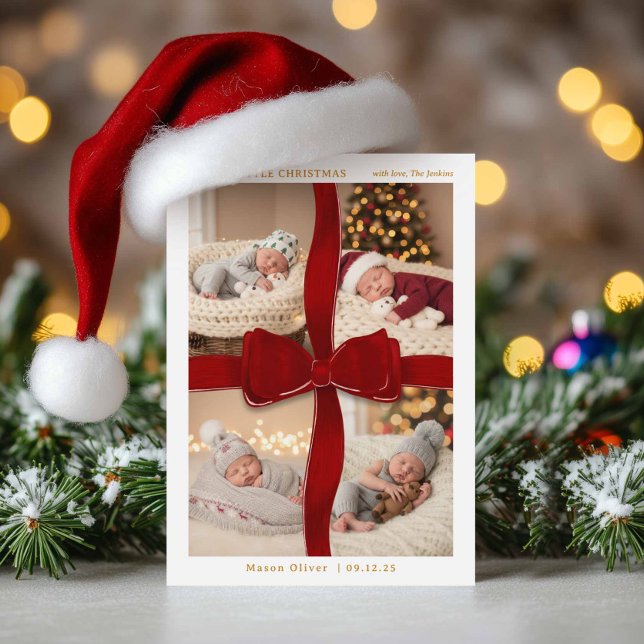 Tarjeta de Navidad con cuatro fotos para bebé con  (Merry Little Christmas - Photo Christmas Birth Announcement )