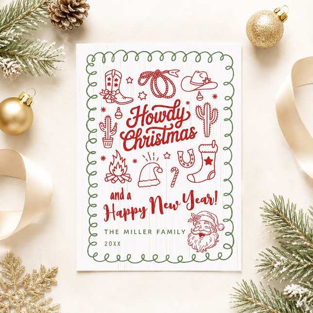 Tarjeta de Navidad con dibujos a mano de estilo We (Hand Drawn Doodle Western Howdy Christmas Card)