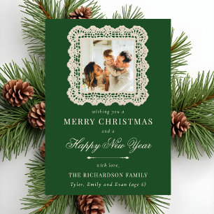 Tarjeta de Navidad con Encaje Vintage Verde Bosque