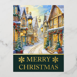 Tarjeta de Navidad con escena callejera invernal e