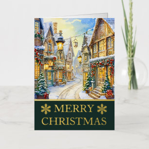 Tarjeta de Navidad con escena callejera invernal e