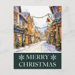 Tarjeta de Navidad con escena callejera invernal e