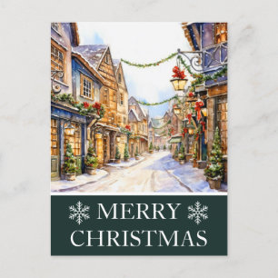 Tarjeta de Navidad con escena callejera invernal e