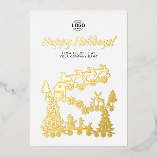 Tarjeta de Navidad con escena de logo dorado y bla
