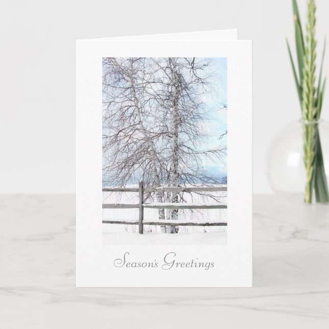 Tarjeta de Navidad con escena de nieve en abedul (Anverso)