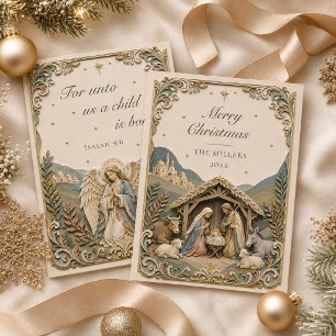 Tarjeta de Navidad con escena del Nacimiento y ver