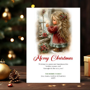 Tarjeta de Navidad con Escena Festiva de Niña Pequ
