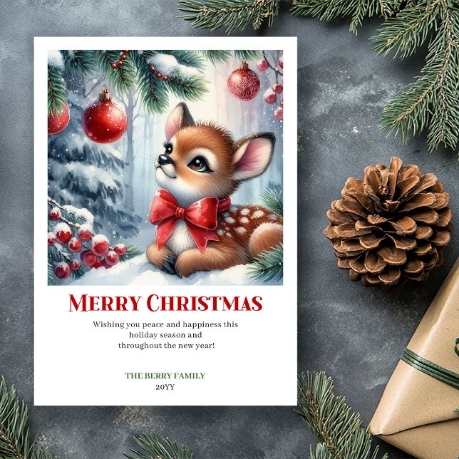 Tarjeta de Navidad con escena invernal de cervatil (Digital Baby Fawn Winter Scene Watercolor Christmas Greeting

)
