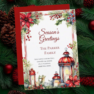 Tarjeta de Navidad con farol vintage en acuarela