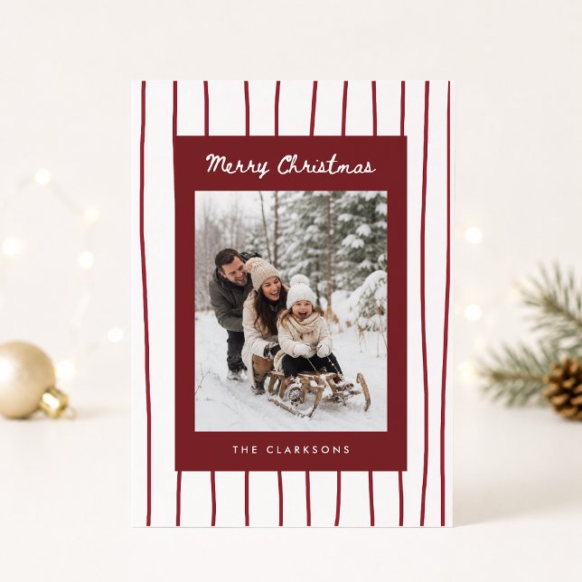 Tarjeta de Navidad con foto a rayas Borgoña (Subido por el creador)