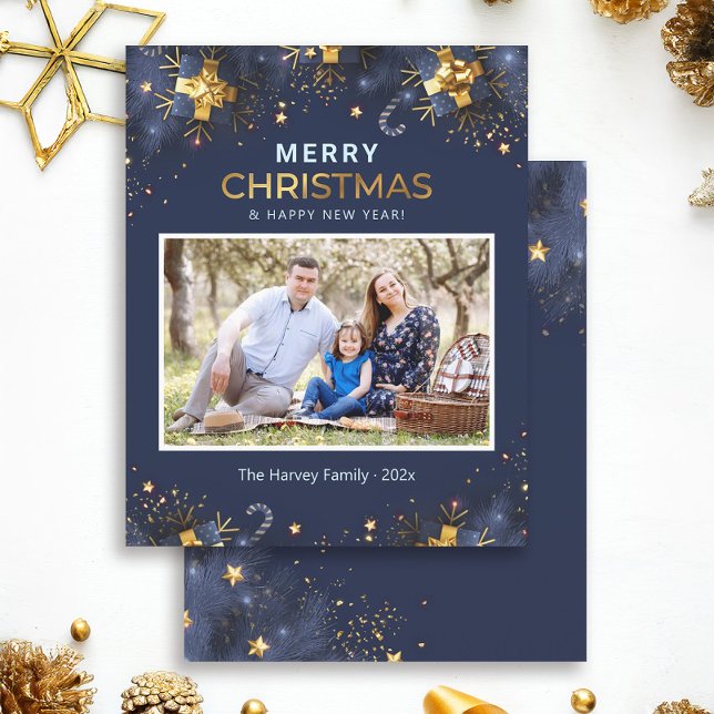 Tarjeta de Navidad con Foto Azul Dorado (Subido por el creador)