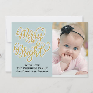 Tarjeta de Navidad con Foto Azul y Dorada Feliz y