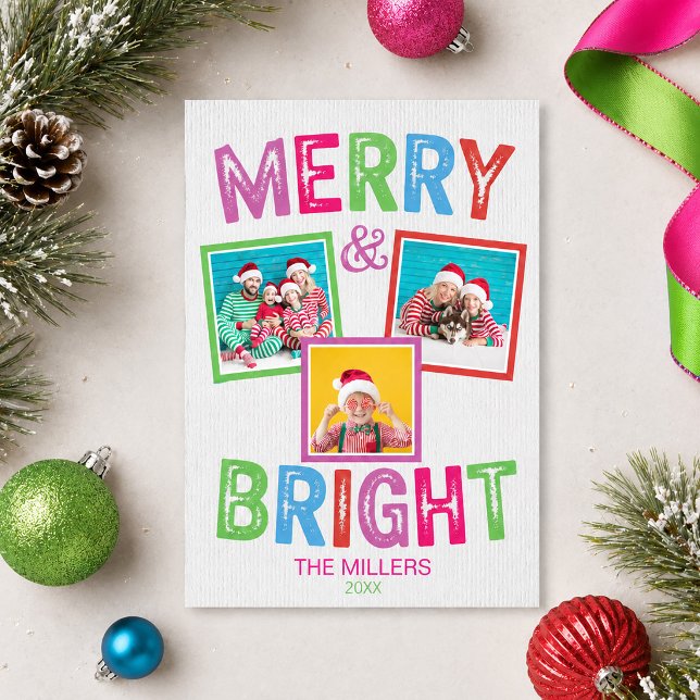Tarjeta de Navidad con Foto Colorida y Alegre (Merry and Bright Colorful Photo Christmas Card)