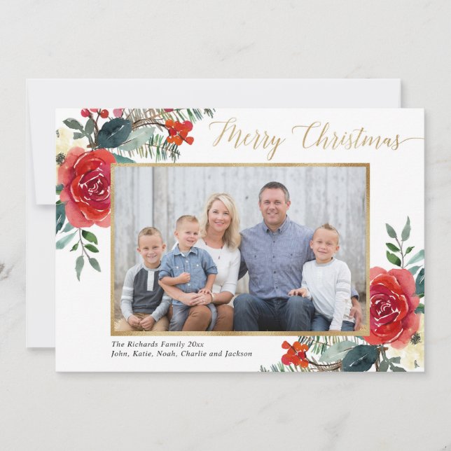 Tarjeta de Navidad con foto de acuarela floral roj (Anverso)