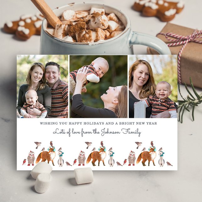 Tarjeta de Navidad con Foto de Animales del Bosque (Woodland Animals Photo Holiday Christmas Postcard)