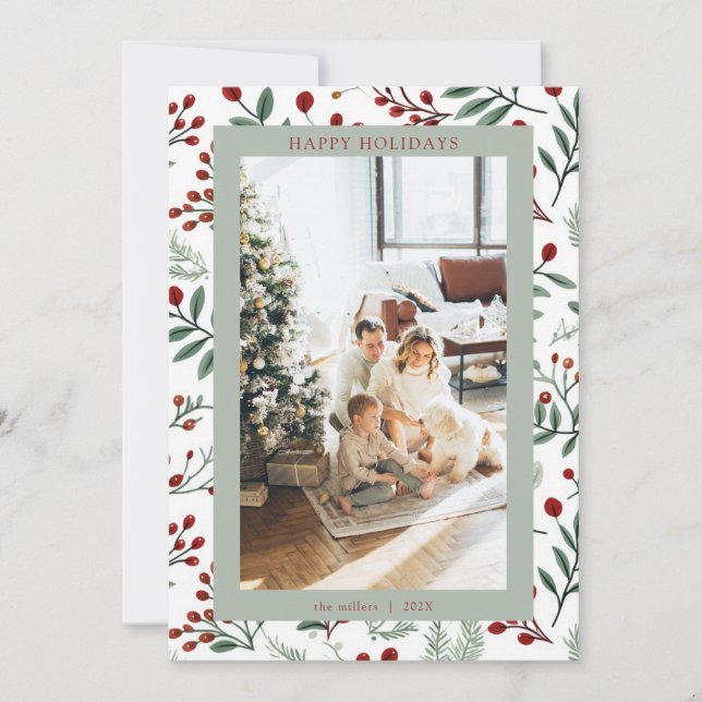 Tarjeta de Navidad con Foto de Bayas de Acebo (Anverso)