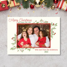 Tarjeta de Navidad con foto de bayas y hojas de ac