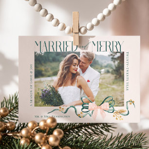 Tarjeta de Navidad con foto de boda de lazo verde