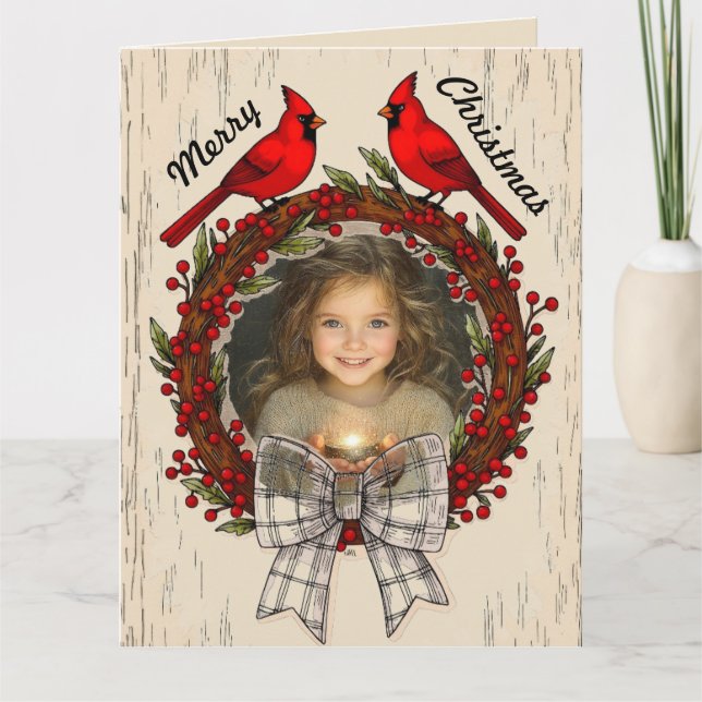 Tarjeta de Navidad con Foto de Cardenales Editable (Anverso)