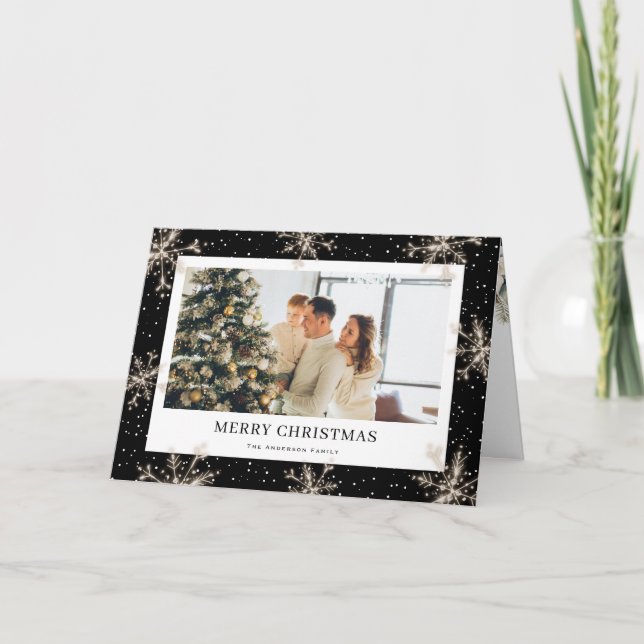 Tarjeta de Navidad con foto de copo de nieve elega (Anverso)