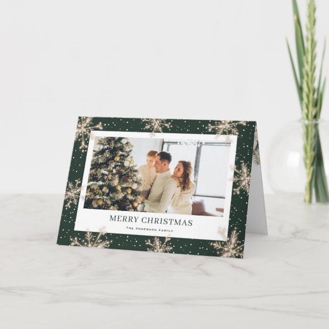 Tarjeta de Navidad con Foto de Copo de Nieve Verde (Anverso)