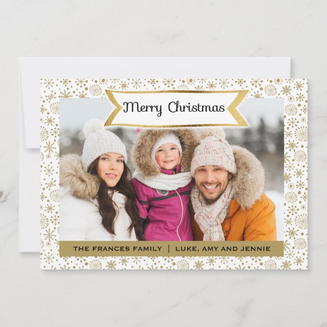 Tarjeta de Navidad con foto de copos de nieve dora (Anverso)