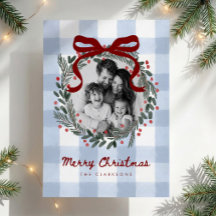 Tarjeta de Navidad con Foto de Corona de Gingham