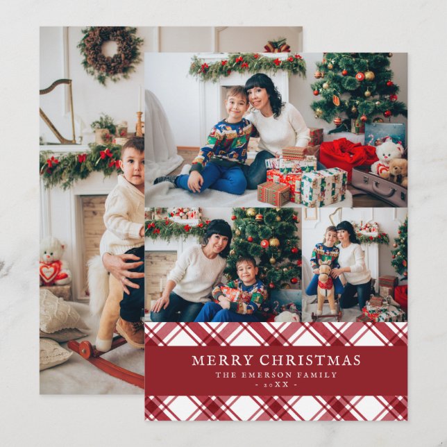 Tarjeta de Navidad con Foto de Cuadros Rojos (Anverso / Reverso)
