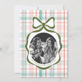 Tarjeta de Navidad con foto de lazo de gingham ado