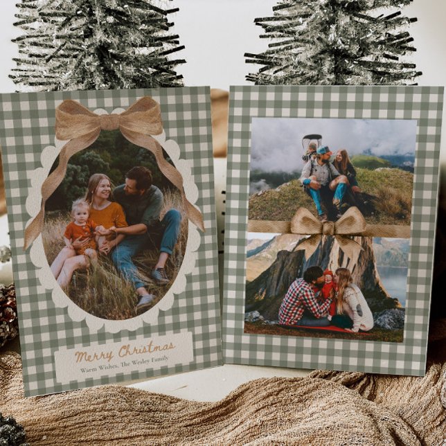 Tarjeta de Navidad con foto de lazo de gingham cam (Subido por el creador)