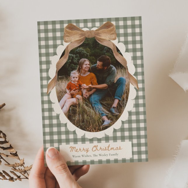 Tarjeta de Navidad con foto de lazo de gingham cam (Subido por el creador)