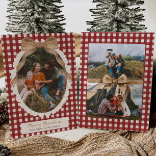 Tarjeta de Navidad con foto de lazo de gingham roj